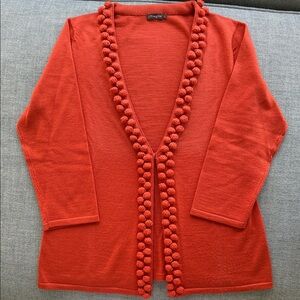 J. McLaughlin Vibrant Burnt Orange Pom Pom Cardigan - Small